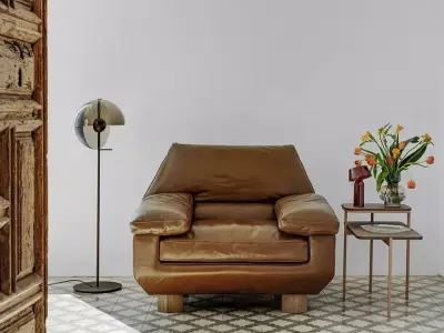 Mid Century Brown Leather Armchair  Low-poly 3D model