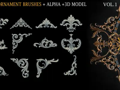 60 Ornament brushes and 3dmodel Low-poly 3D model
