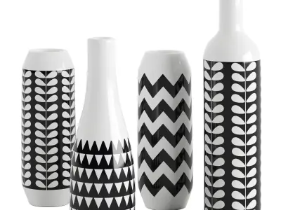Set of 4 black and white patterned vases 3D model