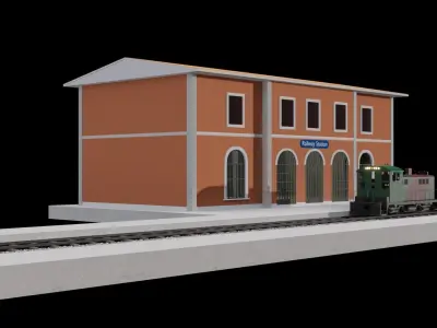 Railway station and diesel locomotive 3D models Low-poly 3D model