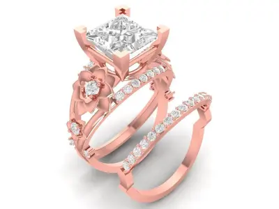 Luxury Three Piece Bridal Set Square Cut Engagement Ring 3528 3D print model