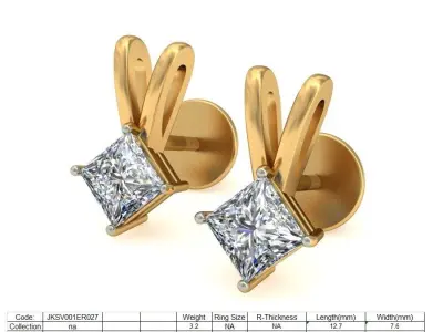 Solitaire Princess Diamond Earrings 3Dm STL OBJ Render Details 3D print model
