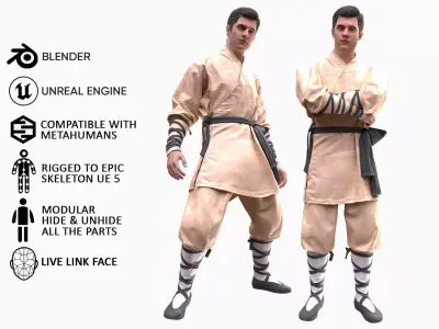 Man - Martial Uniform 2 - Modular - Rigged Low-poly 3D model