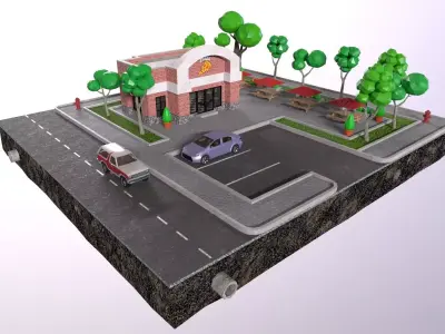 low-poly 3D PBR set pizzeria City VR  Low-poly 3D model