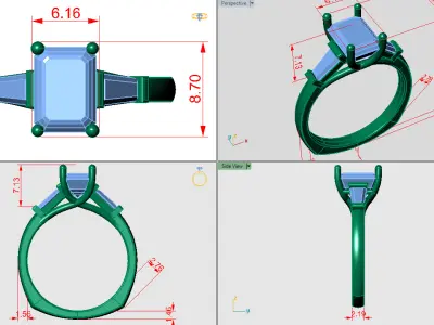 Emerald shaped ring with Baguette diamonds on both sides 3D print model