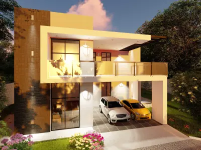 3D Home 3 modern house with two cars parked in front Free 3D model