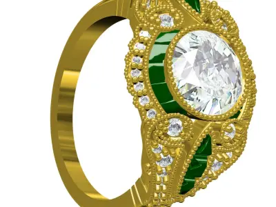 Unique Large Round Diamond Bezel Set Art Deco Ring 3D print model