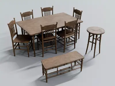 chair and table set - antique furniture Low-poly 3D model