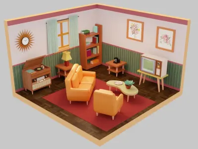 Vintage Living Room  Low-poly 3D model