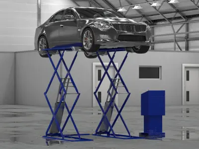 Automotive Scissor Lift and Sedan Rigged 3D model