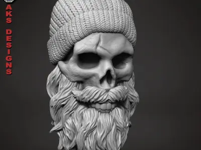 Bearded skull with cap 1 bas Relief 3D print model