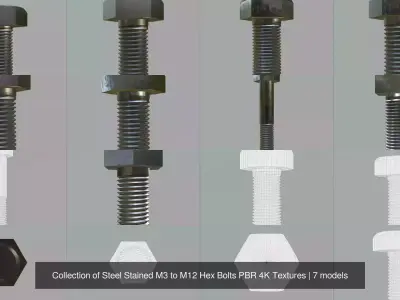 Collection of Steel Stained M3 to M12 Hex Bolts PBR 4K Textures