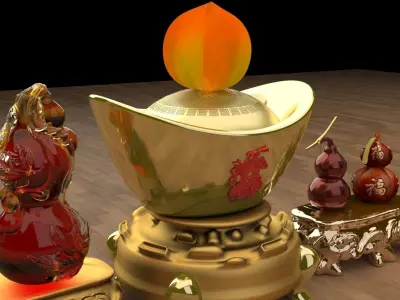 Chinese gold Ingot  and gourd  3D model