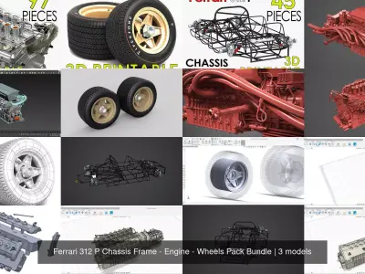 Ferrari 312 P Chassis Frame - Engine - Wheels Pack Bundle 3D Model Collection