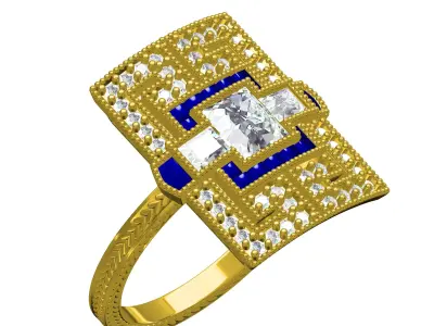 Blue Sapphire Diamond Art Deco Ring 3D print model