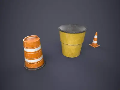 Traffic Barrels and Cone Low-poly 3D model