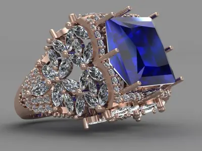 Blue Sapphire Rose Gold Women Diamond Ring 3D print model 3D print model