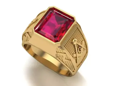 Masonic ring with rectangular emerald and embossed side symbols 3D print model