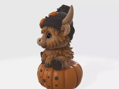 Adorable Highland Cow Sitting on Pumpkin Cute Halloween 3D print model