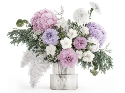 realistic bouquet in a vase hydrangea lilac peony 382 3D model