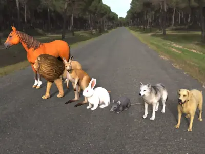 Animal Group lion horse rat rabbit kangaroo wolf and dog  3D model