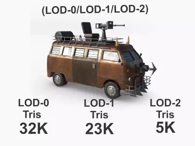 Post Apocalyptic VW Van Low-poly War Car Game Asset Low-poly 3D model