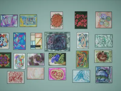 Painting Set Low Poly Game Ready art gallery in virtual world Low-poly 3D model