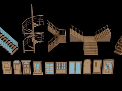 Low poly stairs and doors Low-poly 3D model