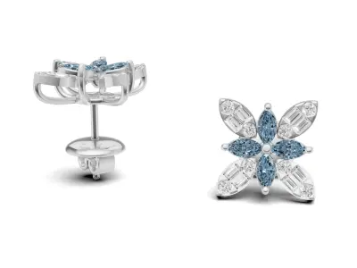 Floral Cluster Diamond Stud Marquise and baguette Diamond 3D print model