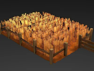 Field wheat with wooden fence Low-poly 3D model