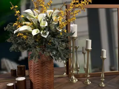 Decor set candles candlesticks bouquet of flowers and mirrors 3D model