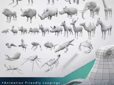 32 Animals Base Meshes Low-poly 3D model
