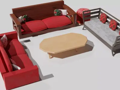 Set of christmas furniture bench sofa and table Low-poly 3D model