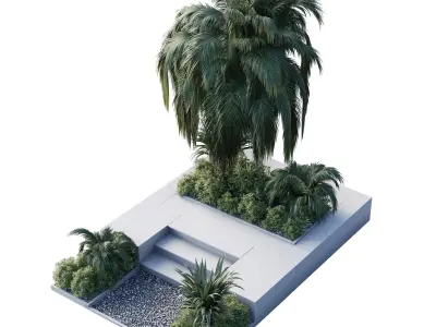 Concrete stair garden with palm trees shrubs and grass set 112 3D model