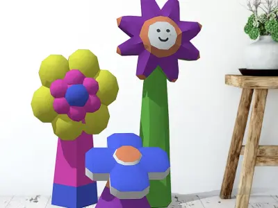 Lowpoly 3D flower bloom set of giant decoration flowers  Low-poly 3D model