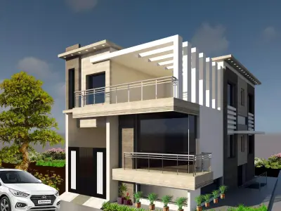 Residence modern house with car parked in front 3D model