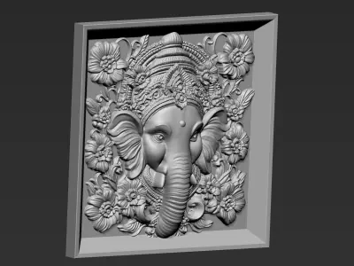 Ganesha Head with Flowers Background A5 3D print model