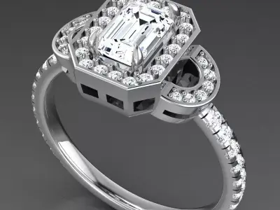 Luxury Gold Art Deco Ring With Emerald-Cut Gemstone 3D print model