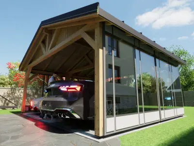 sheet metal wooden carport 5x6 m for render and game 3D model