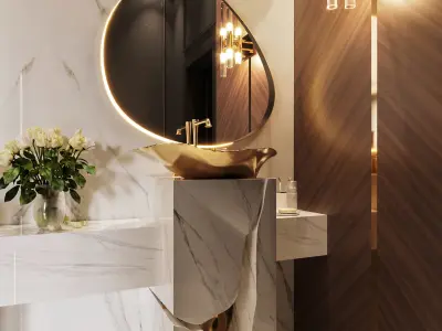 Bathroom-luxury modern bathroom with gold chandelier Low-poly 3D model