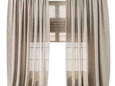 Classic Linen Curtain Set with Metal Rings and Roman shade 63 3D model