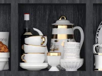 Kitchen set dishes on shelf 3D model