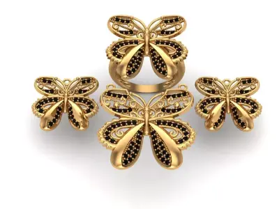 Jewelry gold butterfly ring set 3D print model