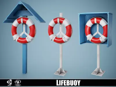 Set of 3 Lifebuoy On Holders Low-poly 3D model