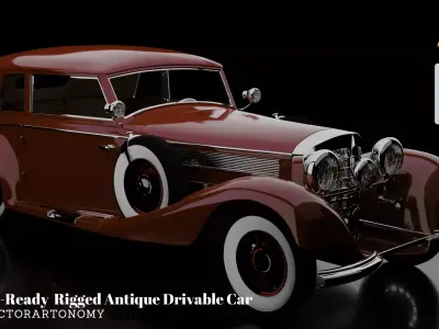 1930-50s Antique game-ready rigged drivable car with interiors Low-poly 3D model