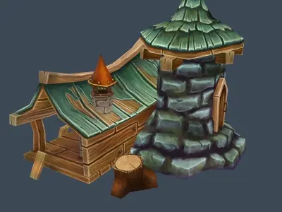Cartoon Old Wood and Stone Workshop Sawmill 3D Model Low-poly 3D model