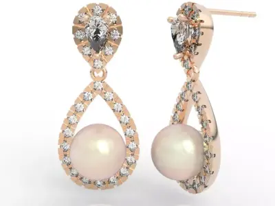 Luxury Pearl Diamond Halo Drop Earrings 3D print model