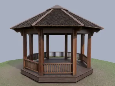 Wooden octagon gazebo house in garden Low-poly 3D model
