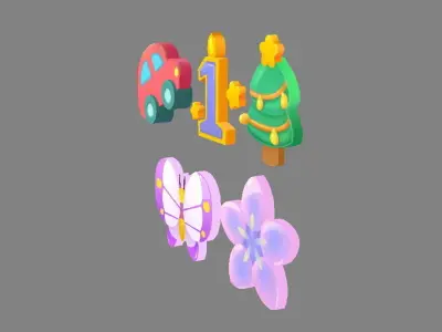 Cartoon icon - car-number1-Christmas tree-butterfly-flower Low-poly 3D model