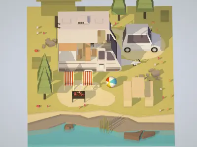 isometric camping van car with barbecue on nature Low-poly 3D model